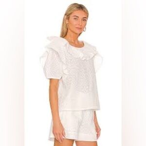 Something Navy White Eyelet Ruffled Top Size Small